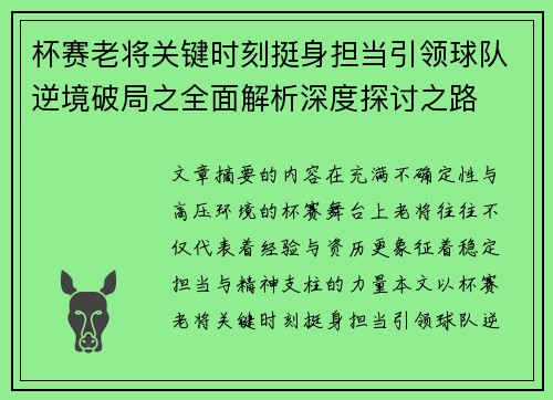 杯赛老将关键时刻挺身担当引领球队逆境破局之全面解析深度探讨之路
